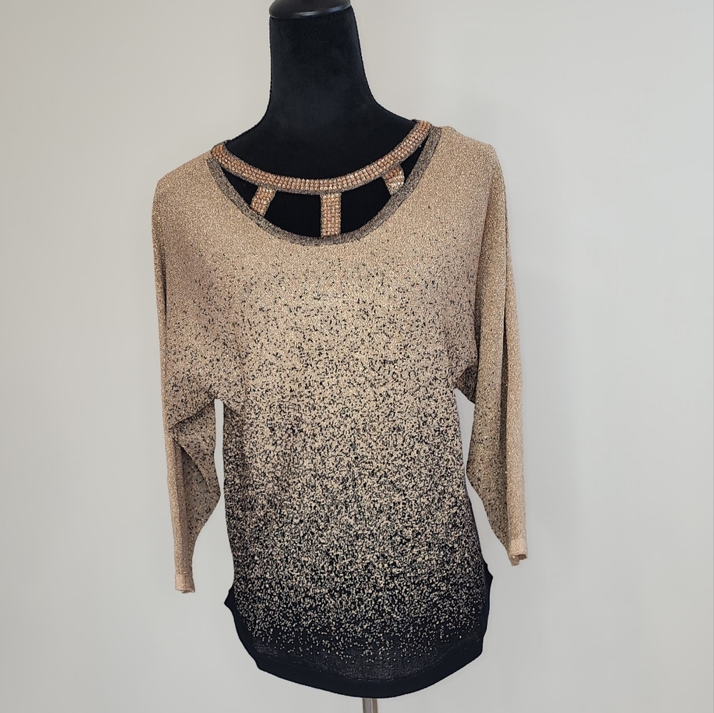 Adrienne Vittadini Three Quarter Sleeve Sweater With Cage Neck and Rhinestones